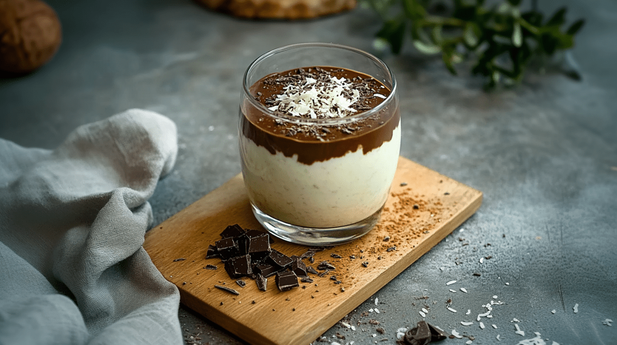 A glass of Mounds overnight oats, topped with a layer of dark chocolate and sprinkled with shredded coconut. The glass sits on a wooden board with chopped dark chocolate on it. A kitchen towel is draped next to the board. In the background, you can see a coconut and a green plant.