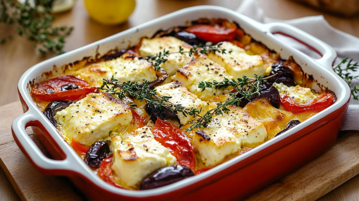 A ceramic baking dish with Greek feta bake.