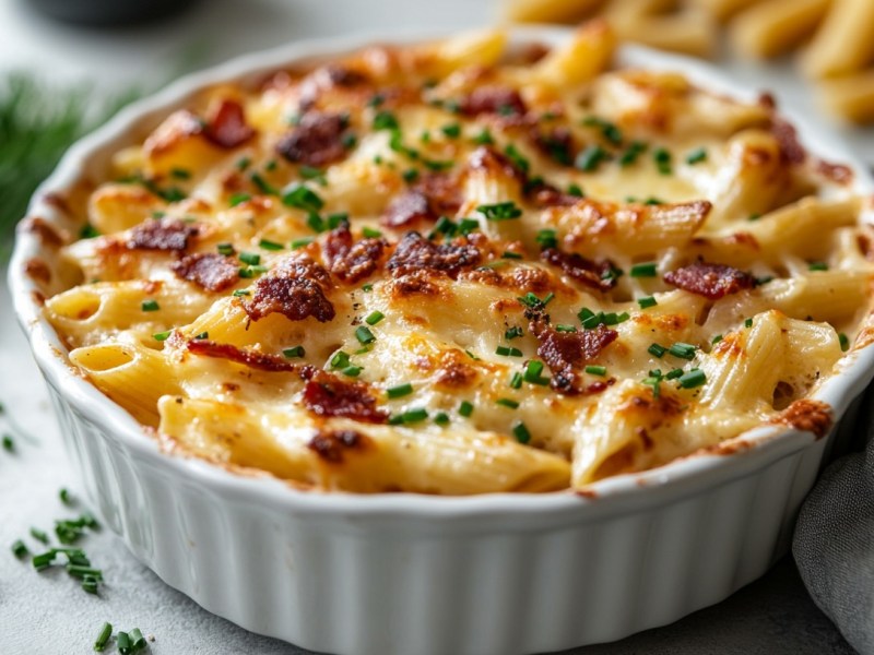 A pasta carbonara bake in a round baking dish, surrounded by noodles and chives.