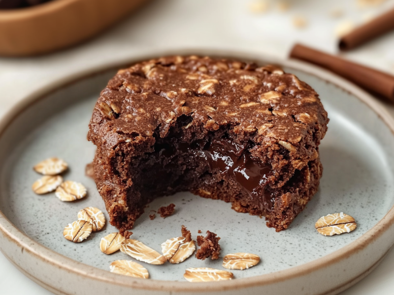Lava Cake Baked Oats on a gray-blue plate. There are still a few oat flakes on the plate. In the background you can still see two cinnamon sticks and oat flakes.