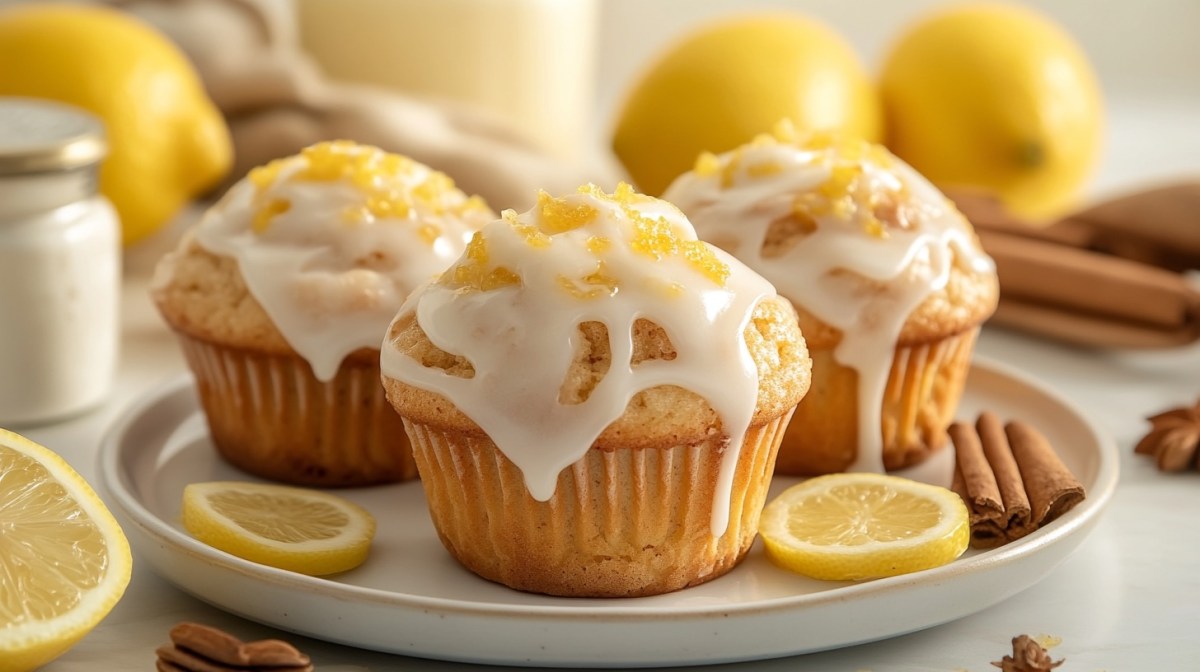 3 lemon cream cheese muffins with icing on a plate, surrounded by a few lemons and cinnamon sticks.