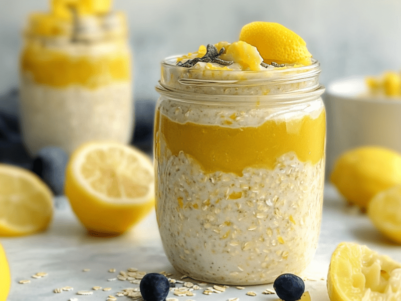 Lemon Curd Overnight Oats in mason jars. Lemons are scattered around.