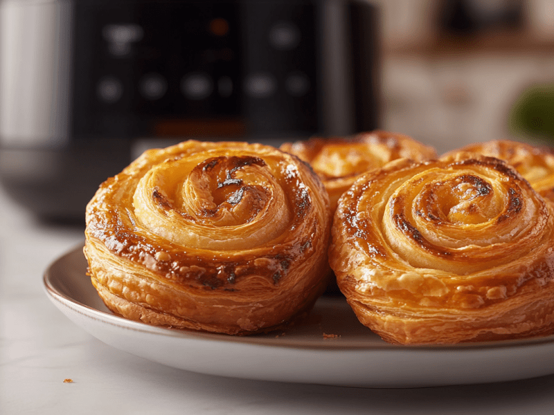 A plate of air fryer puff pastry rolls. An air fryer in the background.