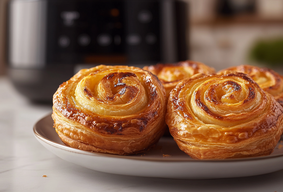 A plate of air fryer puff pastry rolls. An air fryer in the background.