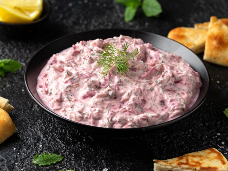 Bowl of beetroot tzatziki