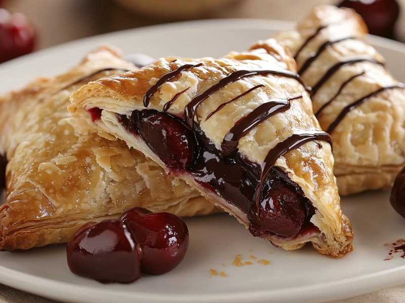 Three cherry vanilla pastries are on a white plate. The middle pastry is cut open in the center. Two of them are covered with a light chocolate glaze. Four more cherries are on the plate.