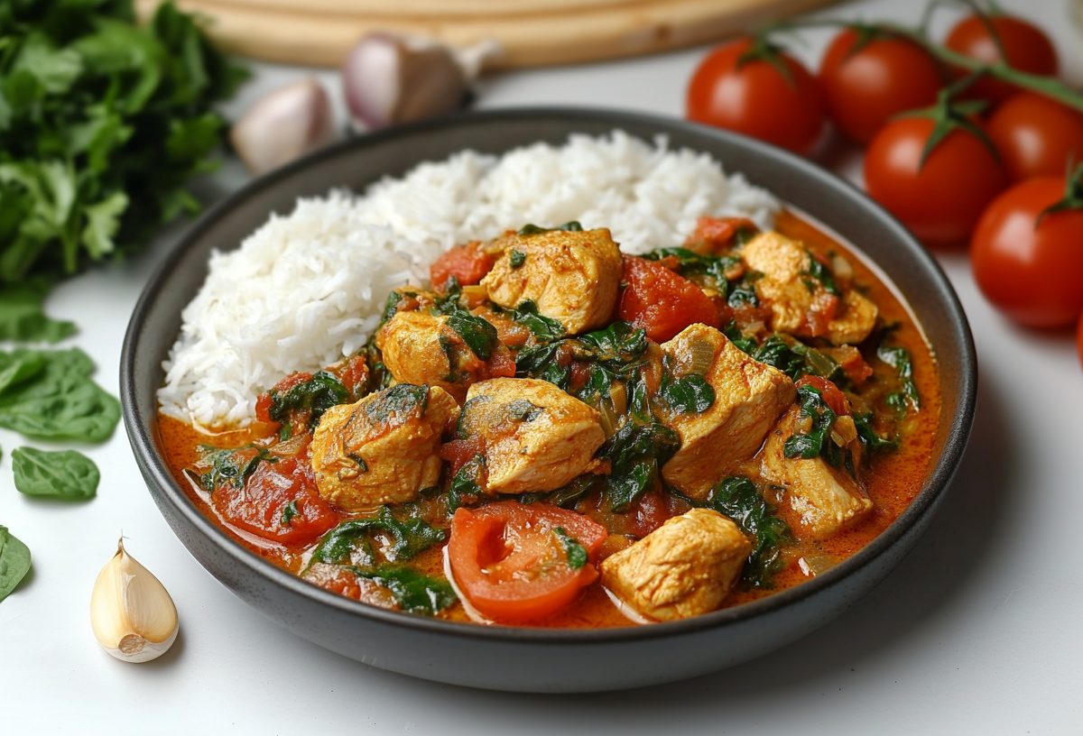 A plate of rice and chicken in yogurt sauce with tomatoes, spinach, tomatoes and garlic around it.