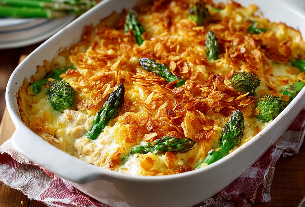 Chicken and rice casserole with asparagus in a baking dish with a cornflake crust.