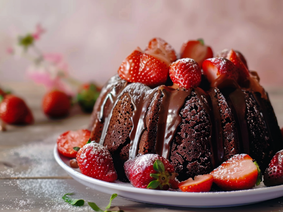 Chocolate bundt cake decorated with strawberries.