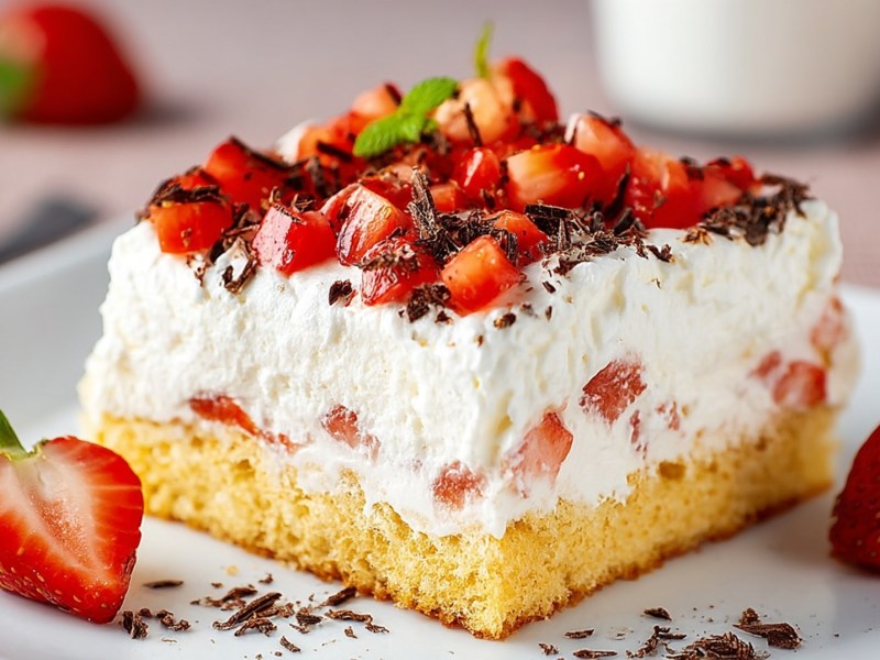 A piece of Fanta Cake with strawberries on a plate.