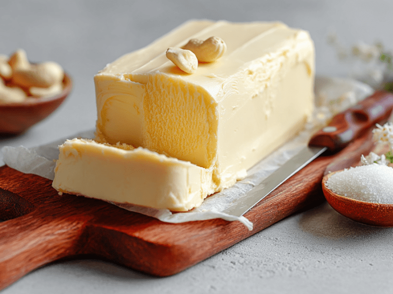 A wooden board with a block of vegan butter garnished with two cashews. In the background, there's a bowl of cashews. Next to the board is a small bowl of salt. A knife rests on the board.