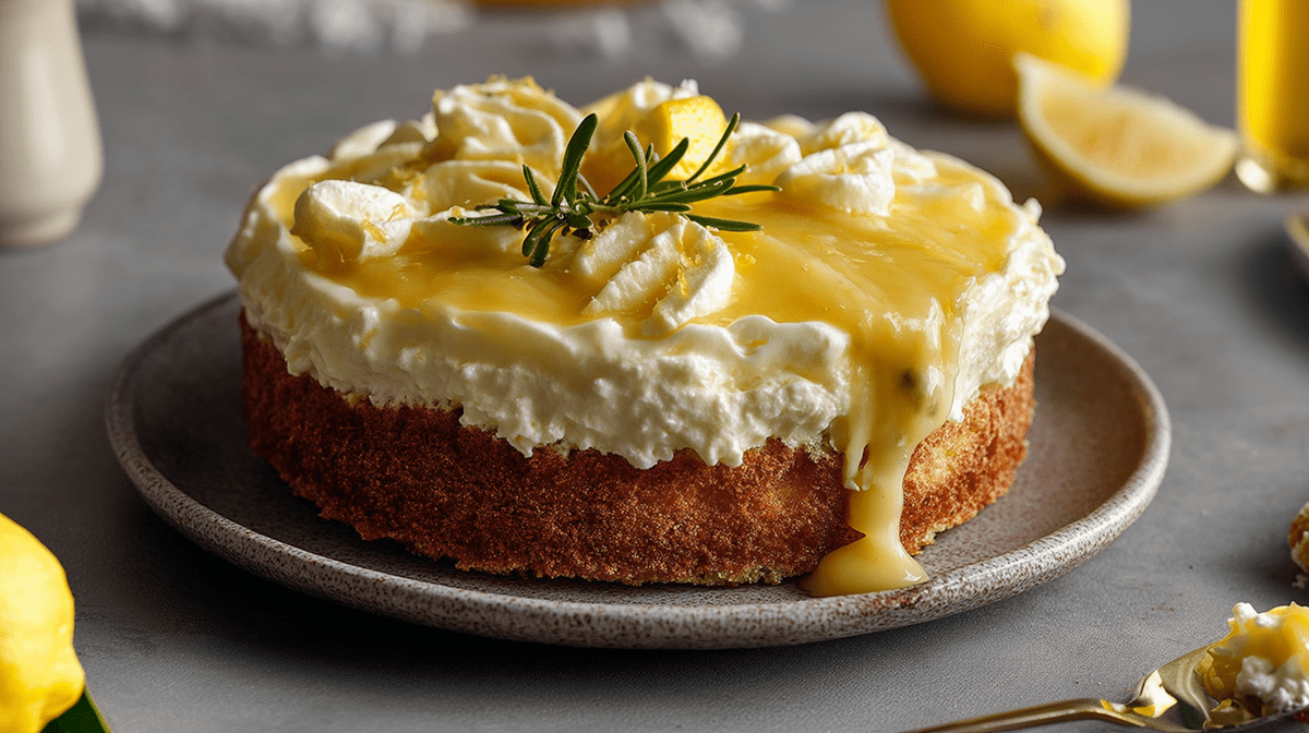 A plate with a Limoncello Mascarpone Cake decorated with a fresh rosemary sprig. Lemons can be seen all around and you can make out a glass of lemon liqueur. There is also a spoon with mascarpone and lemon curd lying around.