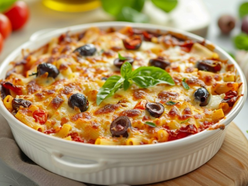 A Mediterranean pasta bake in a round baking dish.