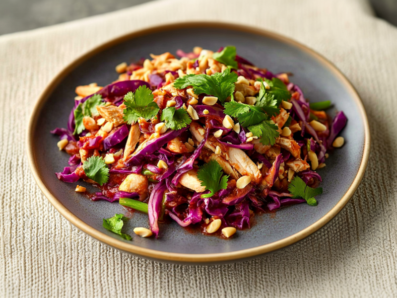 A plate of red cabbage salad with chicken garnished with chopped peanuts and fresh cilantro. The plate is on a cream-colored placemat.