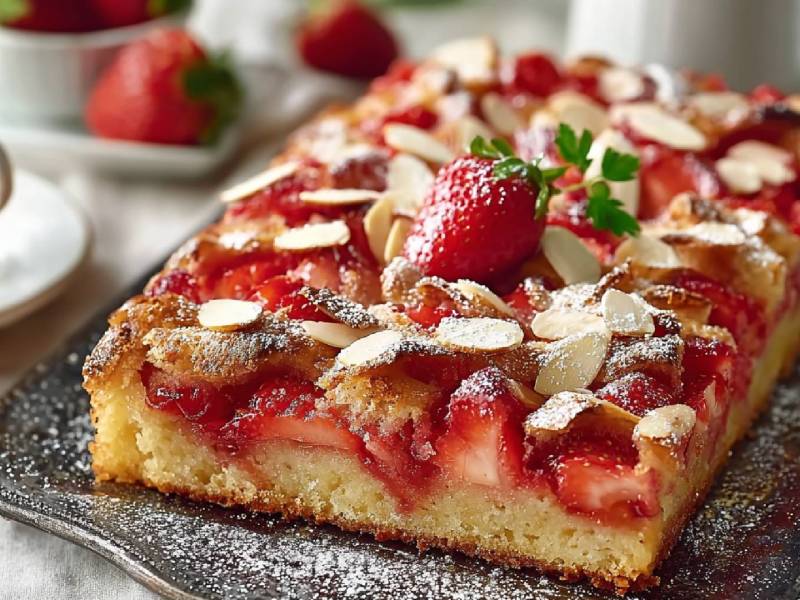 A strawberry butter cake on a serving plate