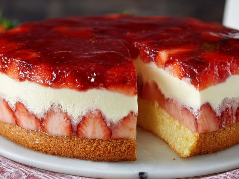 Strawberry cake with vanilla pudding, with a piece taken out, on a marble slab.