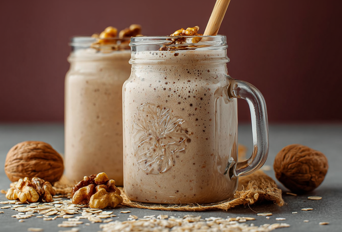 Two glasses of walnut-oat smoothie are next to each other. Walnuts are scattered around them as decoration.