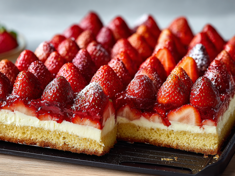 Sheet Pan Strawberry Cake with Vanilla Pudding.