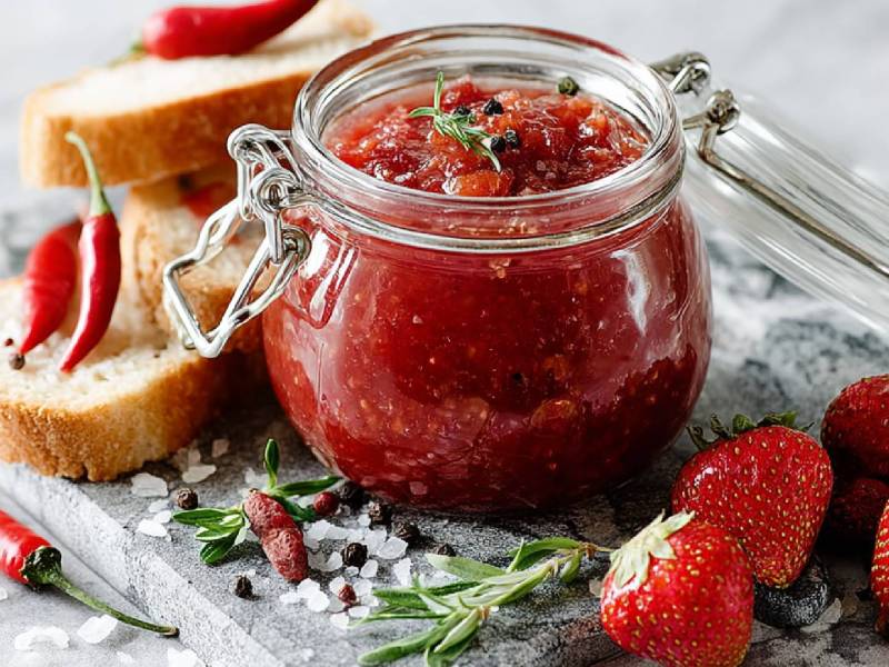 Jar of strawberry chutney on a table