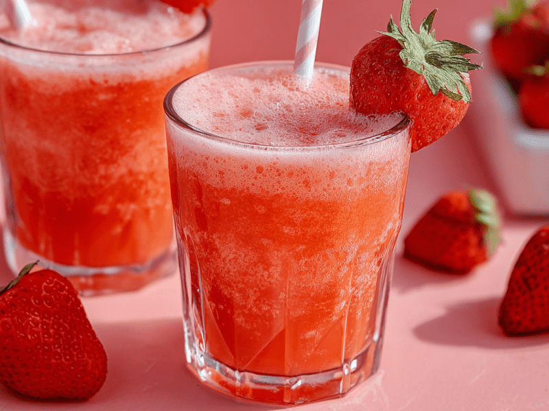 Two glasses of strawberry gin fizz with straws. Individual strawberries lie around as decoration.