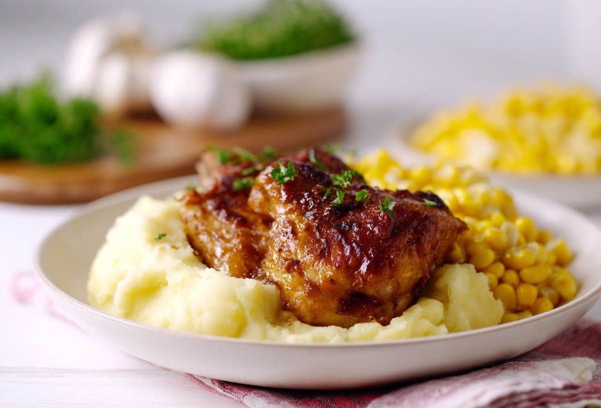 Old Bay baked chicken on a white plate with mashed potatoes and corn with white lighting and a frontal view.