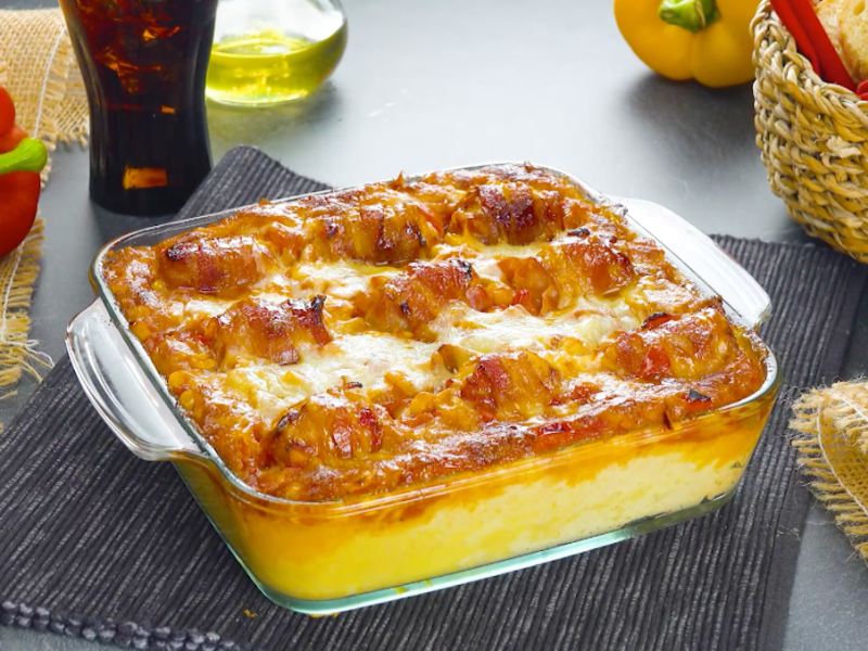 Chicken Nugget Casserole with Mashed Potatoes, Bacon, and Cheese