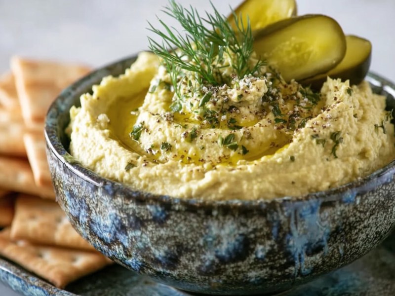 A bowl of dill pickle hummus. Crackers are in the background.