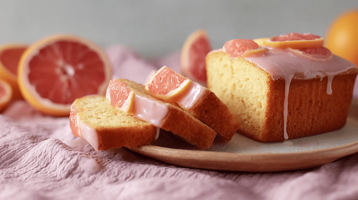 A sliced grapefruit yogurt loaf cake with a pink glaze and garnished with a few grapefruit slices. The cake is on a plate, which is on a pink cloth. In the background you can see whole and sliced grapefruits.