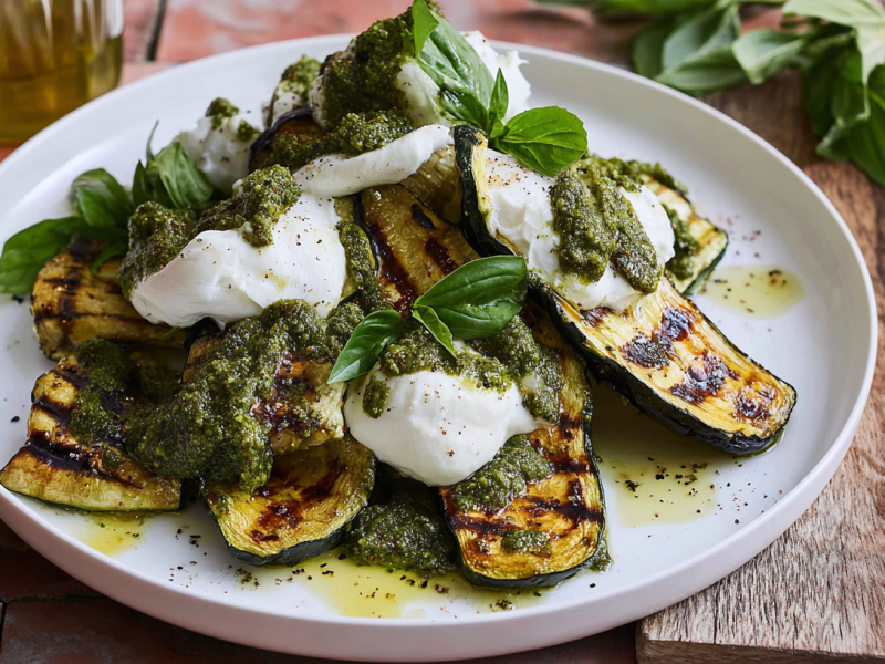 Grilled zucchini with burrata and pesto on a plate with a high rim.