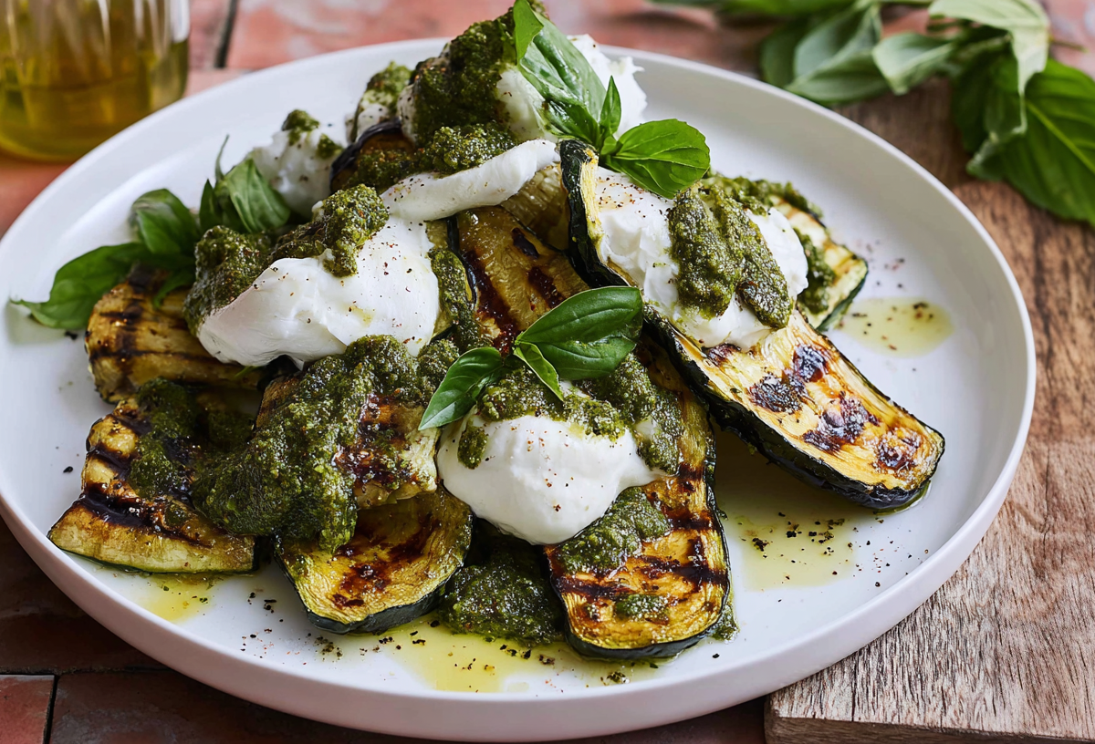 Grilled zucchini with burrata and pesto on a plate with a high rim.