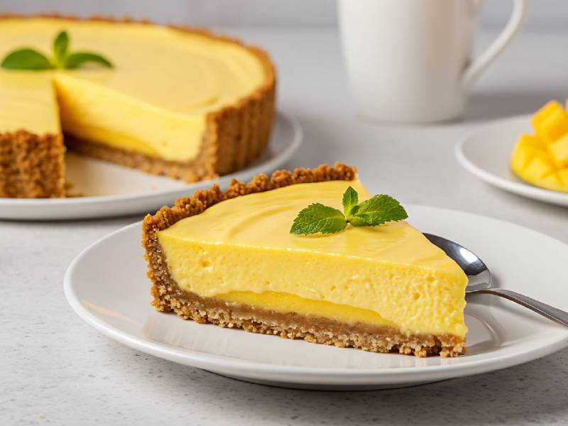 Sliced mango cream tart on a table
