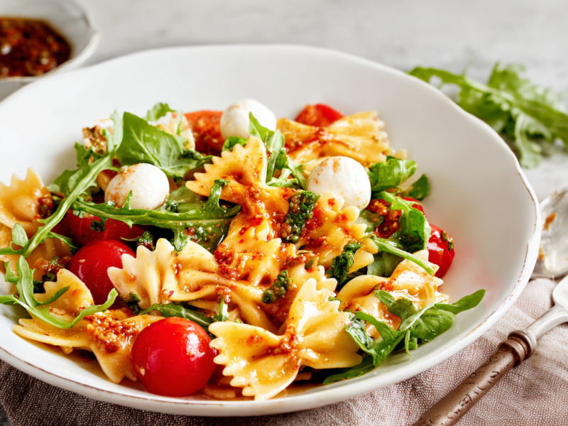 A deep plate with pasta salad, mozzarella, and red pesto.