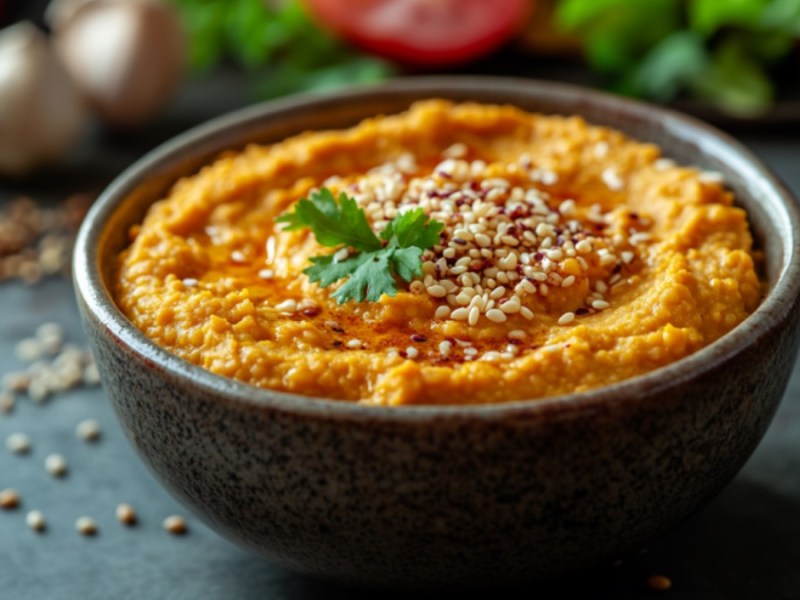 A bowl of red lentil dip. Fresh ingredients can be seen in the background.