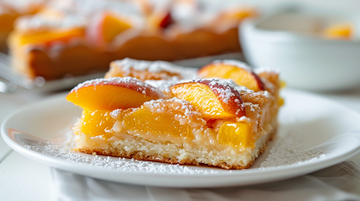 A piece of peach sheet cake on a white plate.