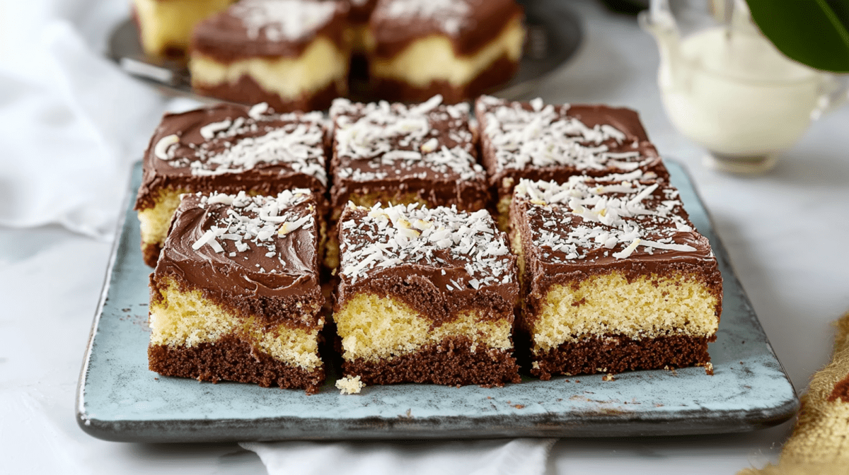 A large rectangular plate with square pieces of chocolate coconut cake topped with a chocolate glaze and shredded coconut. Behind the plate you can see another plate with chocolate coconut cake pieces. You can also see a white cloth lying around. And a glass container with milk or cream can be seen.
