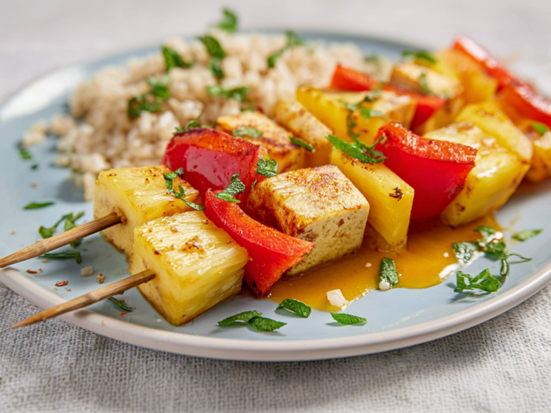 Tofu skewers with pineapple and bell pepper, served on a plate with rice.