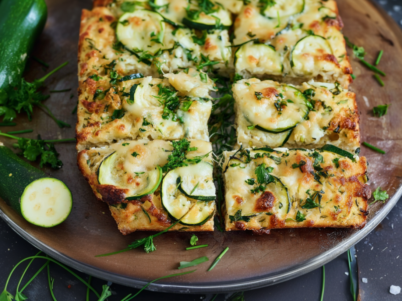Zucchini grill bread, served on a large plate. Next to it are sliced zucchini and fresh herbs as decoration.
